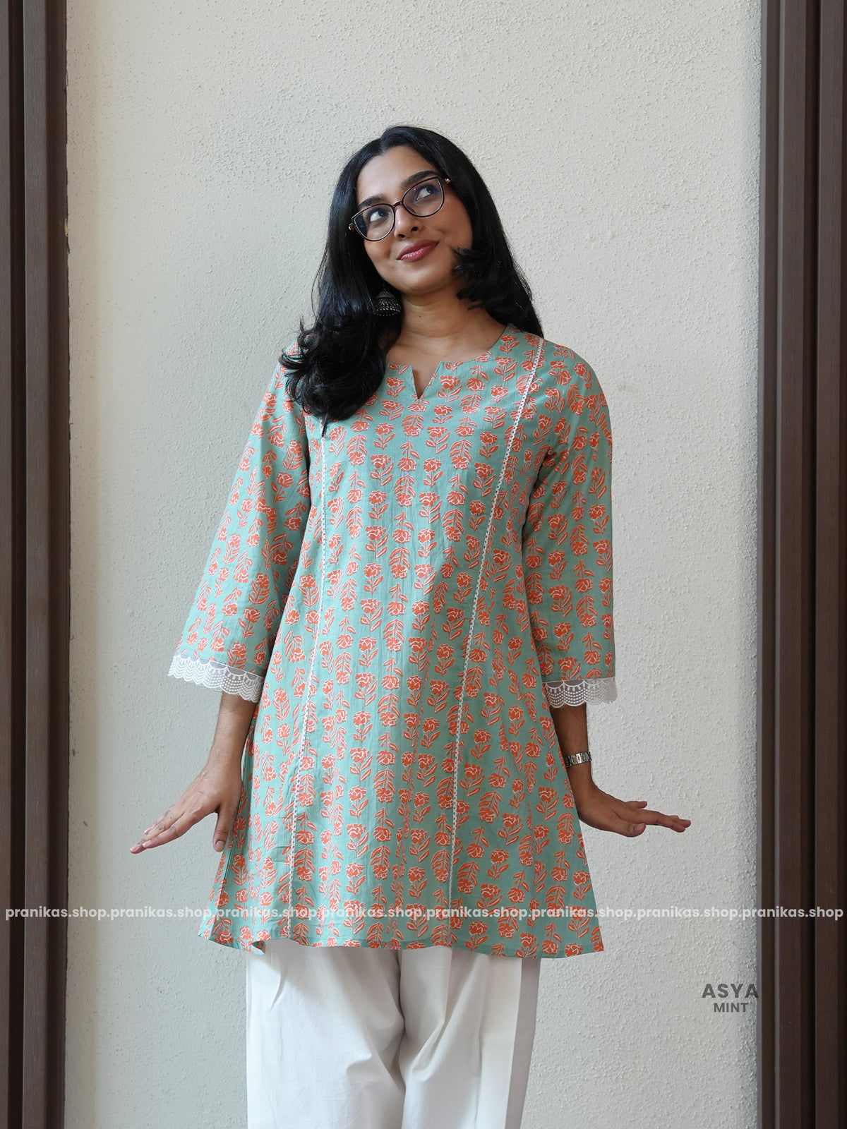 Mint Cotton Kurti Top Bottom Set