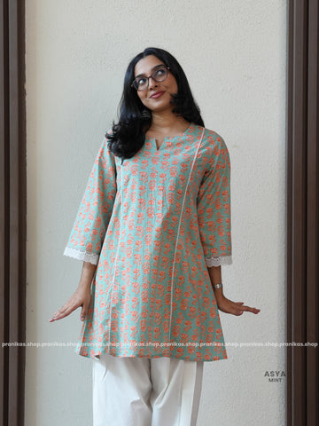 Mint Cotton Kurti Top Bottom Set