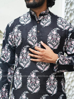 Paisley - Pranikas Men Long Cotton Kurta Midnight Black Lilac with Pockets