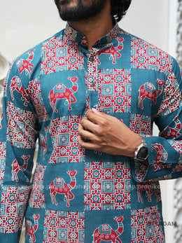 Ottagam - Pranikas Men Camel Print Long Cotton Kurta with Pockets