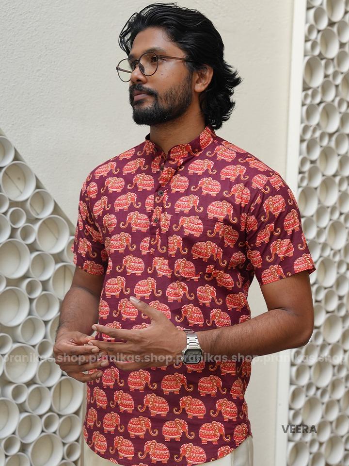 Veera - Pranikas Men Elephant Print Short Kurta with Pocket