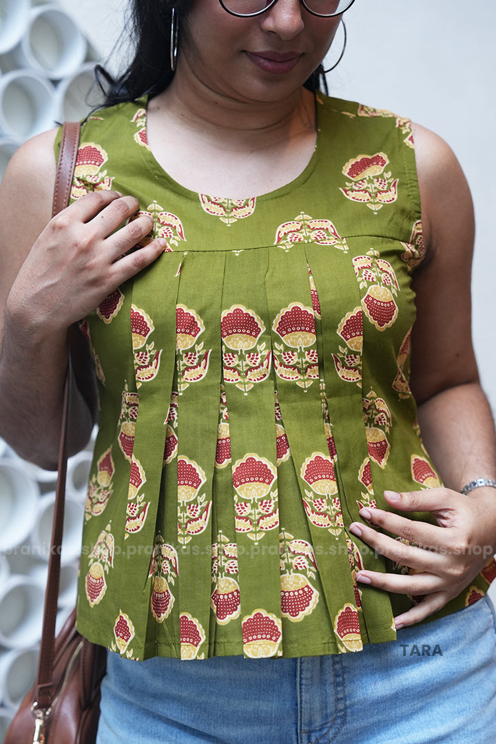TARA! Olive Bloom Cotton Sleeveless Top