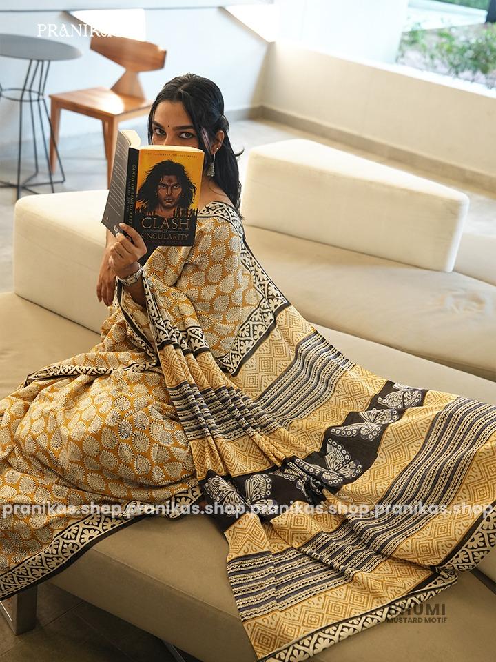 BHUMI - Pranikas Handblock Print Mustard Motif Cotton Saree Unstitched Running Blouse