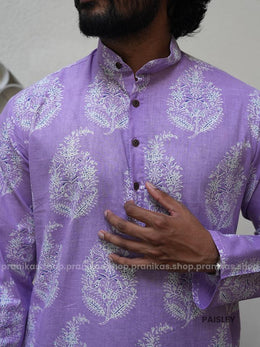 Paisley - Pranikas Men Long Cotton Kurta Midnight Black Lilac with Pockets