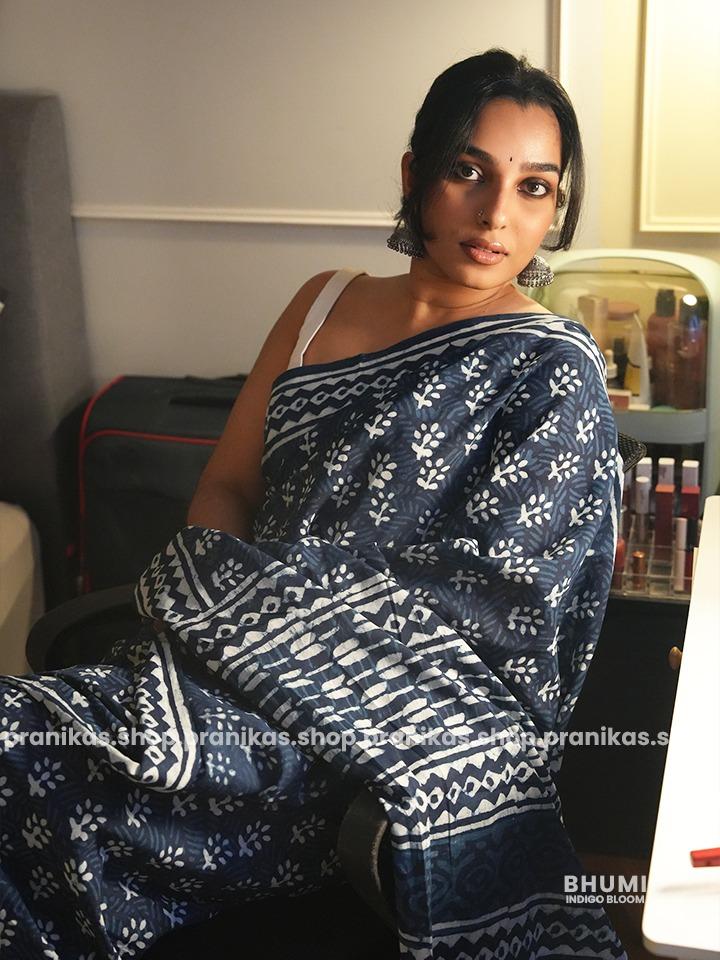 BHUMI- Pranikas Pure Cotton Handblock Indigo Bloom Saree